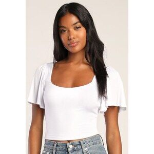 Lulus Utter Bliss White Flutter Sleeve Square Neck Crop Top - Size L